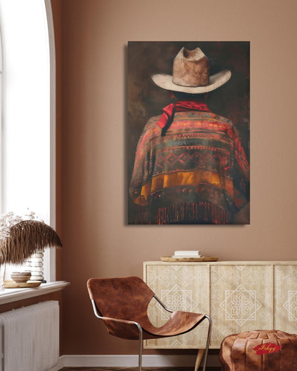 Mexican Cowboy Wall Art, Western Rustic Canvas Painting Print, Vintage Charro Poncho Artwork with Hat for Farmhouse or Southwestern Decor