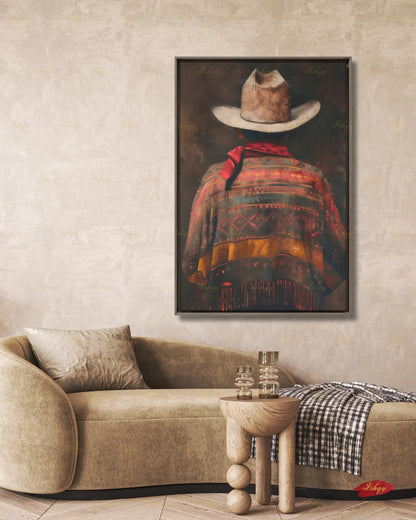 Mexican Cowboy Wall Art, Charro Poncho Canvas Print, Dark Moody Latin Man Decor, Western Folk Art, Boho Framed Canvas, Gift for Him