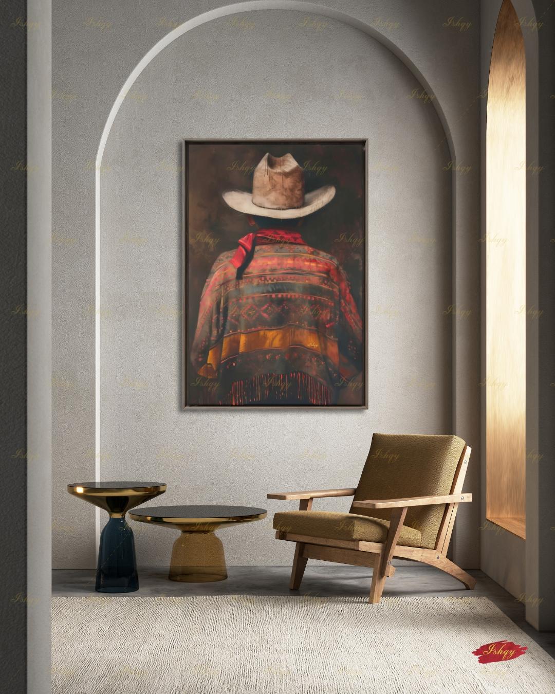 Mexican Cowboy Wall Art, Charro Poncho Canvas Print, Dark Moody Latin Man Decor, Western Folk Art, Boho Framed Canvas, Gift for Him