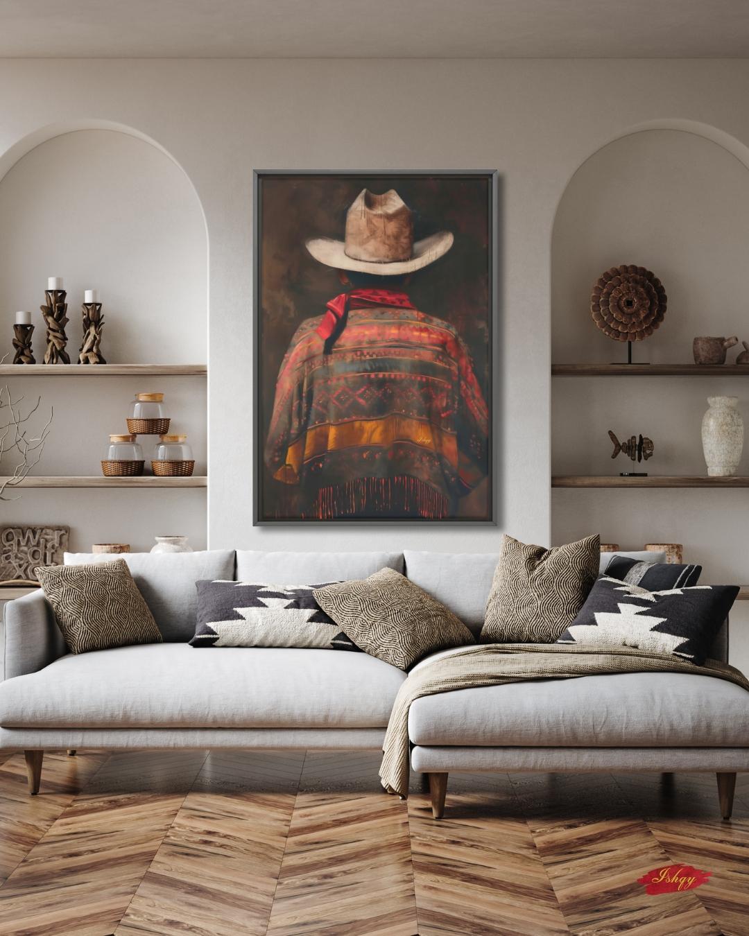 Mexican Cowboy Wall Art, Western Rustic Canvas Painting Print, Vintage Charro Poncho Artwork with Hat for Farmhouse or Southwestern Decor