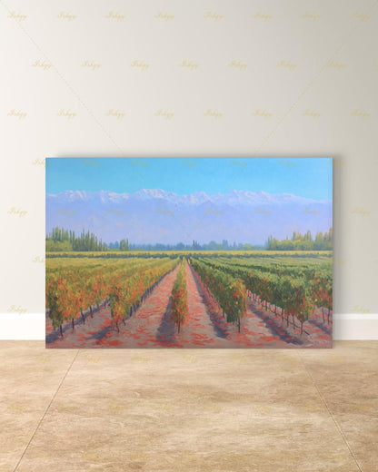 Vineyard Landscape Wall Art, Wine Country Painting Print - Serene Grape Fields Canvas, Perfect Nature Art for Kitchen or Dining Room Decor