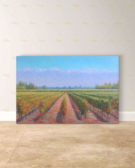 Vineyard Landscape Wall Art, Wine Country Painting Print - Serene Grape Fields Canvas, Perfect Nature Art for Kitchen or Dining Room Decor