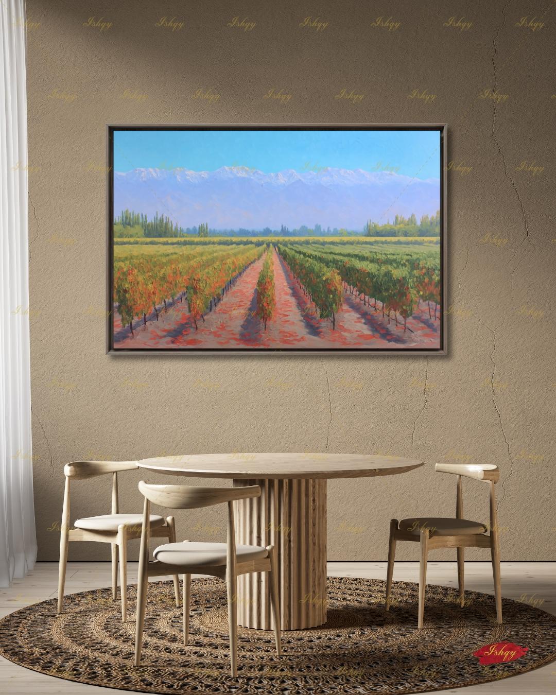 Vineyard Landscape Wall Art, Wine Country Painting Print - Serene Grape Fields Canvas, Perfect Nature Art for Kitchen or Dining Room Decor