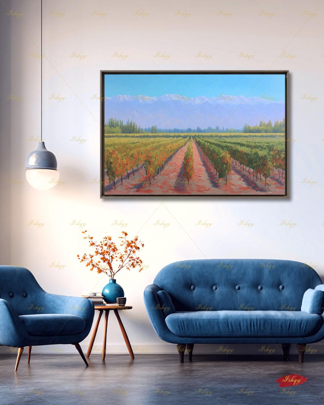 Vineyard Landscape Wall Art, Wine Country Painting Print - Serene Grape Fields Canvas, Perfect Nature Art for Kitchen or Dining Room Decor