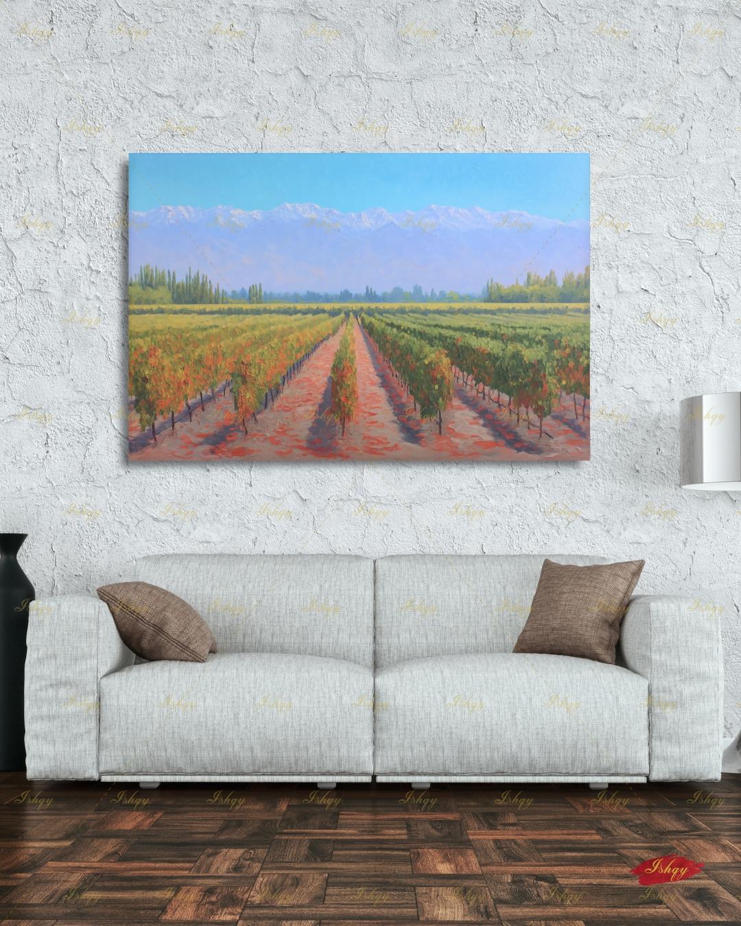 Vineyard Landscape Wall Art, Wine Country Painting Print - Serene Grape Fields Canvas, Perfect Nature Art for Kitchen or Dining Room Decor
