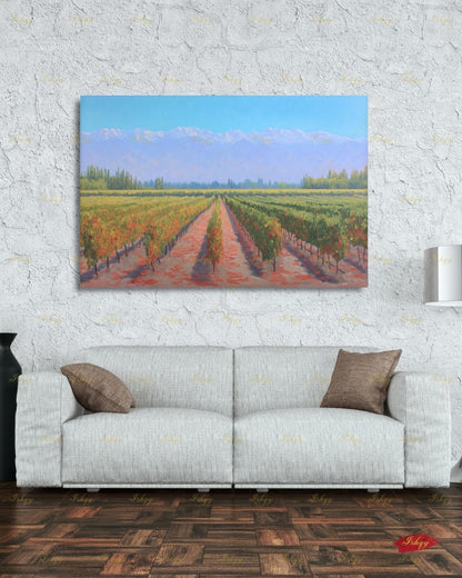 Vineyard Landscape Wall Art, Wine Country Painting Print - Serene Grape Fields Canvas, Perfect Nature Art for Kitchen or Dining Room Decor