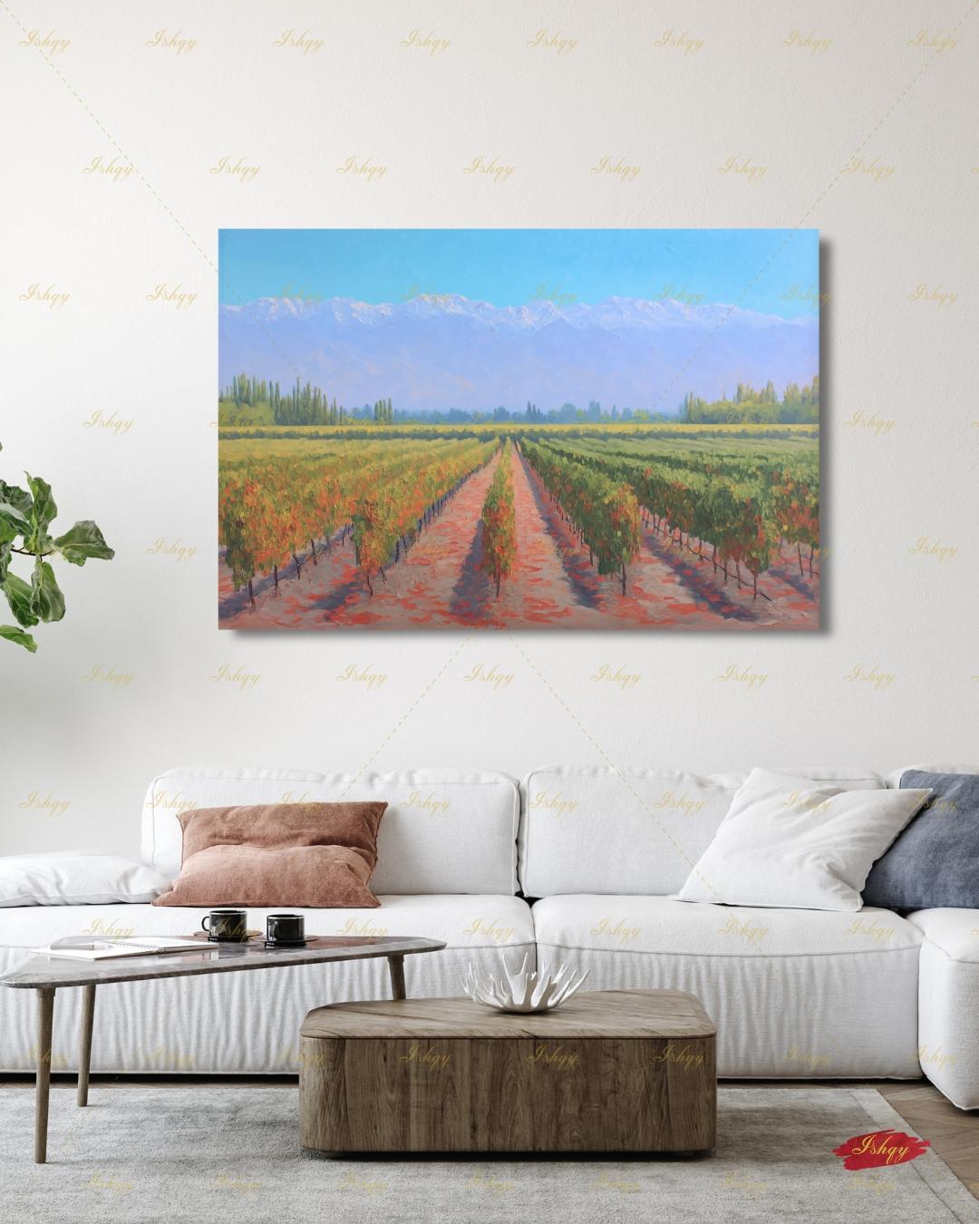 Vineyard Landscape Wall Art, Wine Country Painting Print - Serene Grape Fields Canvas, Perfect Nature Art for Kitchen or Dining Room Decor