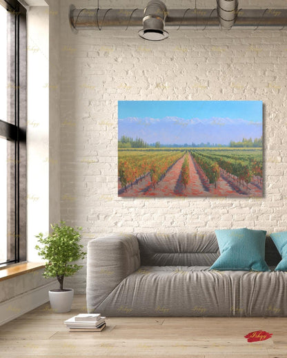 Vineyard Landscape Wall Art, Wine Country Painting Print - Serene Grape Fields Canvas, Perfect Nature Art for Kitchen or Dining Room Decor