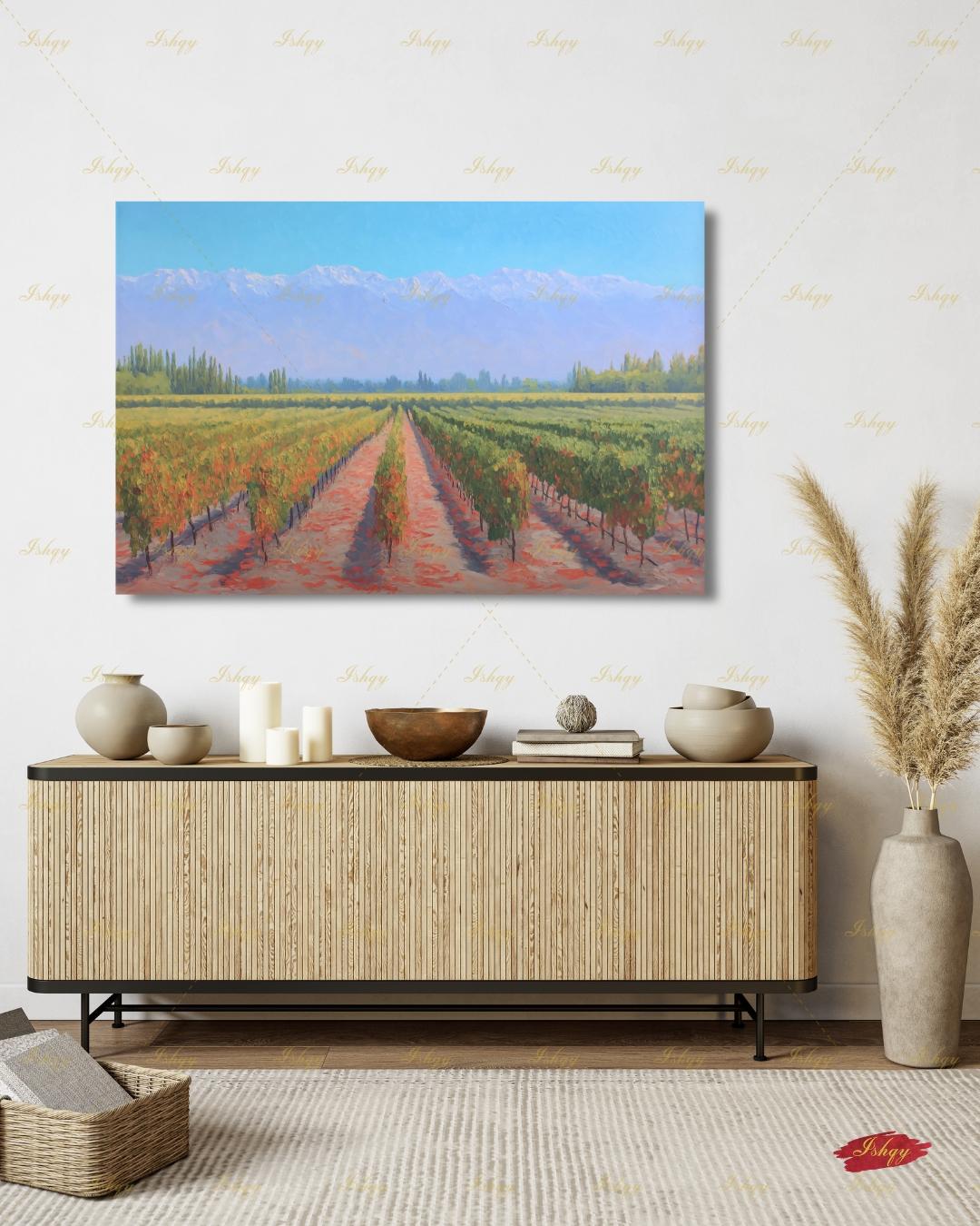 Vineyard Landscape Wall Art, Wine Country Painting Print - Serene Grape Fields Canvas, Perfect Nature Art for Kitchen or Dining Room Decor