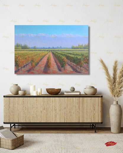 Vineyard Landscape Wall Art, Wine Country Painting Print - Serene Grape Fields Canvas, Perfect Nature Art for Kitchen or Dining Room Decor