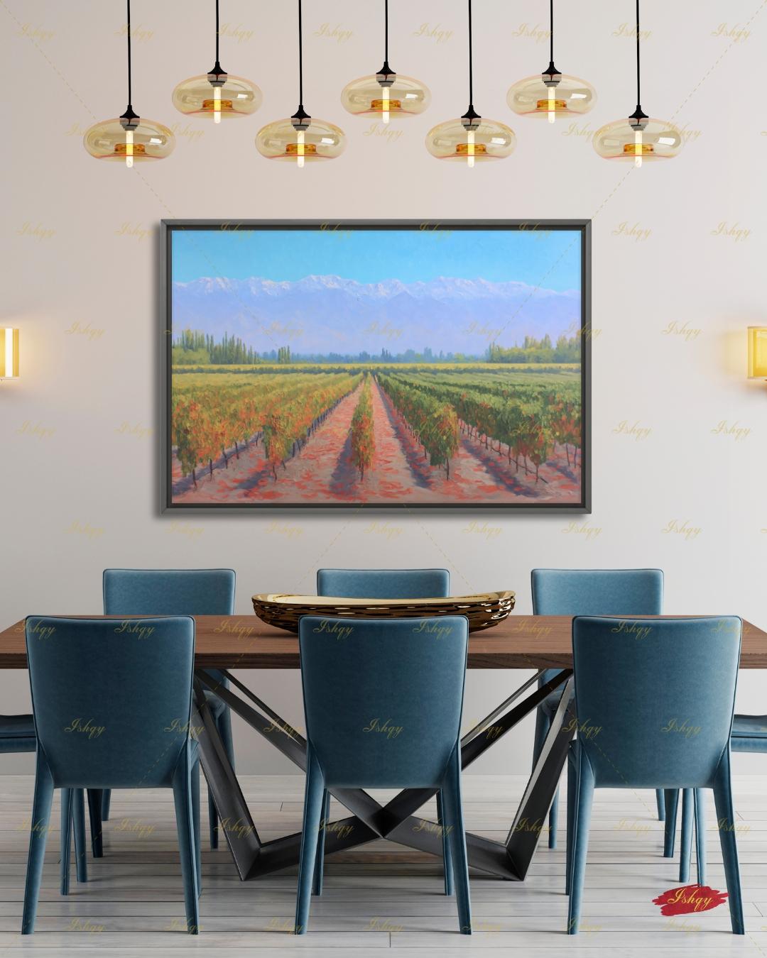 Vineyard Landscape Wall Art, Wine Country Painting Print - Serene Grape Fields Canvas, Perfect Nature Art for Kitchen or Dining Room Decor