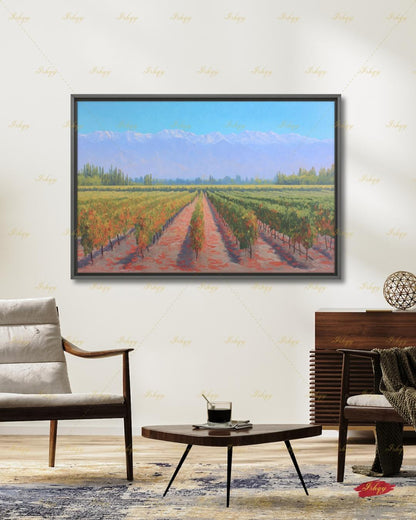 Vineyard Landscape Wall Art, Wine Country Painting Print - Serene Grape Fields Canvas, Perfect Nature Art for Kitchen or Dining Room Decor