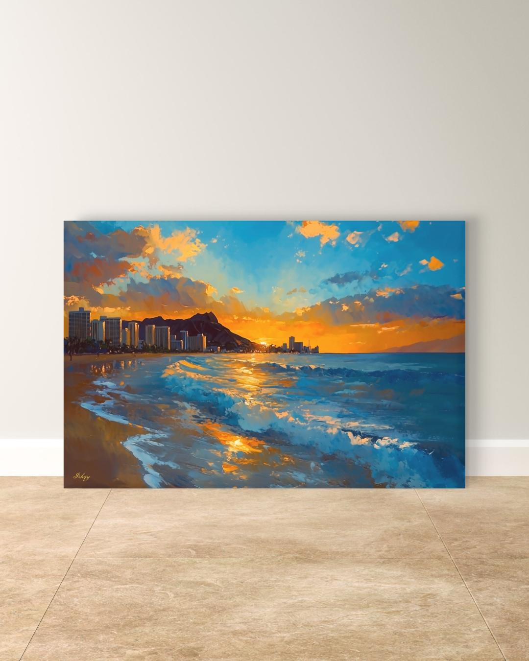 Waikiki Beach Sunset Painting, Hawaii Wall Art, Ocean Wave Canvas, Honolulu Skyline Seascape, Coastal Travel Home Decor Print