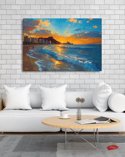 Waikiki Beach Sunset Painting, Hawaii Wall Art, Ocean Wave Canvas, Honolulu Skyline Seascape, Coastal Travel Home Decor Print