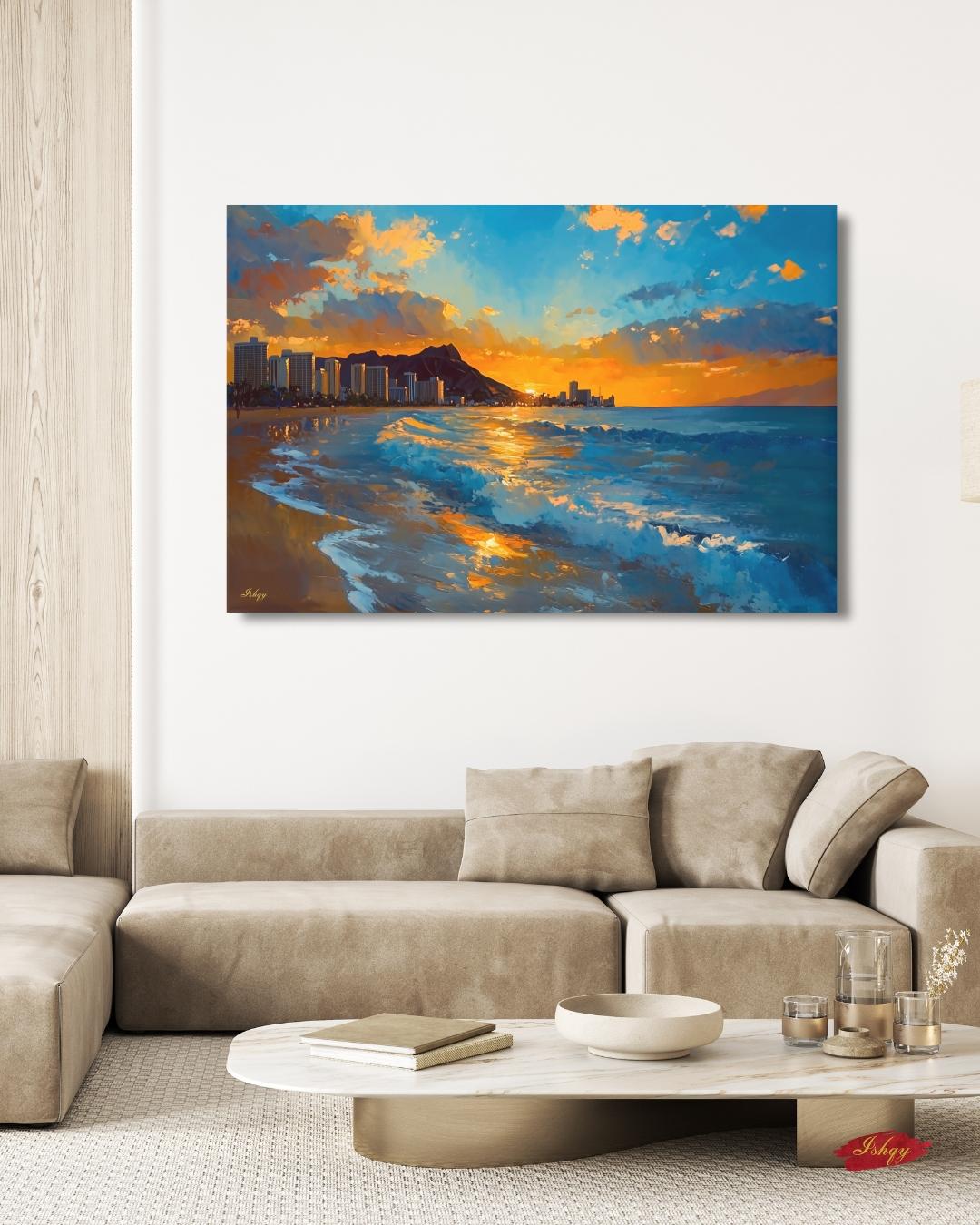 Waikiki Beach Sunset Painting, Hawaii Wall Art, Ocean Wave Canvas, Honolulu Skyline Seascape, Coastal Travel Home Decor Print