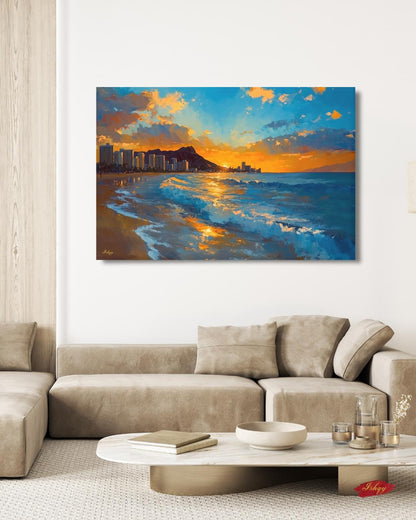 Waikiki Beach Sunset Painting, Hawaii Wall Art, Ocean Wave Canvas, Honolulu Skyline Seascape, Coastal Travel Home Decor Print