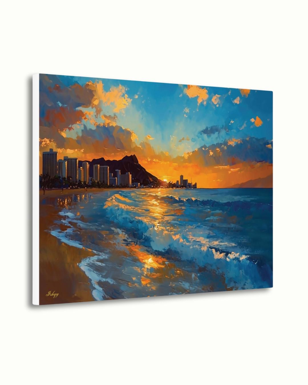 Waikiki Beach Sunset Painting, Hawaii Wall Art, Ocean Wave Canvas, Honolulu Skyline Seascape, Coastal Travel Home Decor Print