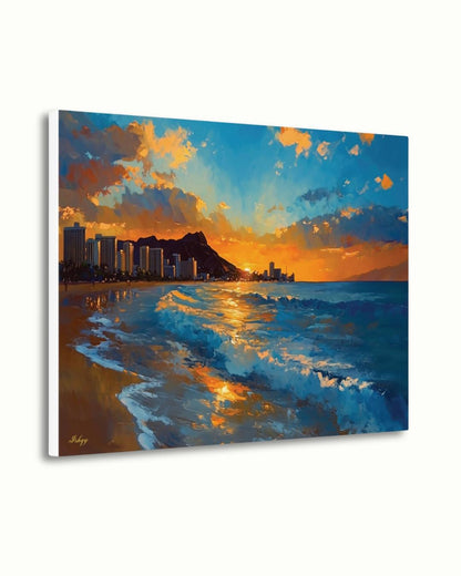 Waikiki Beach Sunset Painting, Hawaii Wall Art, Ocean Wave Canvas, Honolulu Skyline Seascape, Coastal Travel Home Decor Print