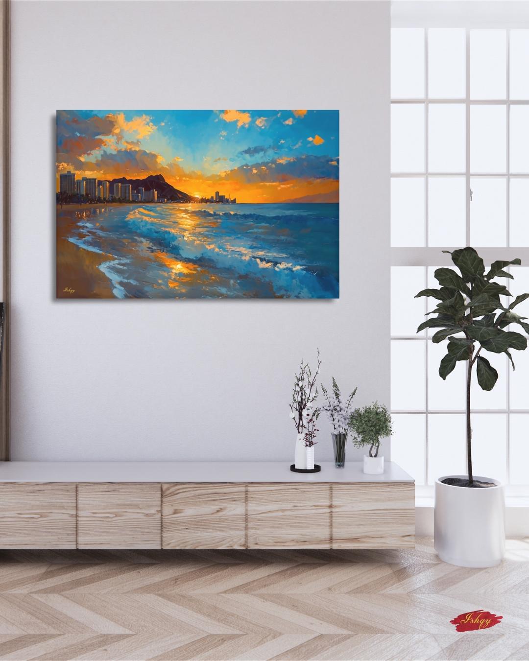 Waikiki Beach Sunset Painting, Hawaii Wall Art, Ocean Wave Canvas, Honolulu Skyline Seascape, Coastal Travel Home Decor Print