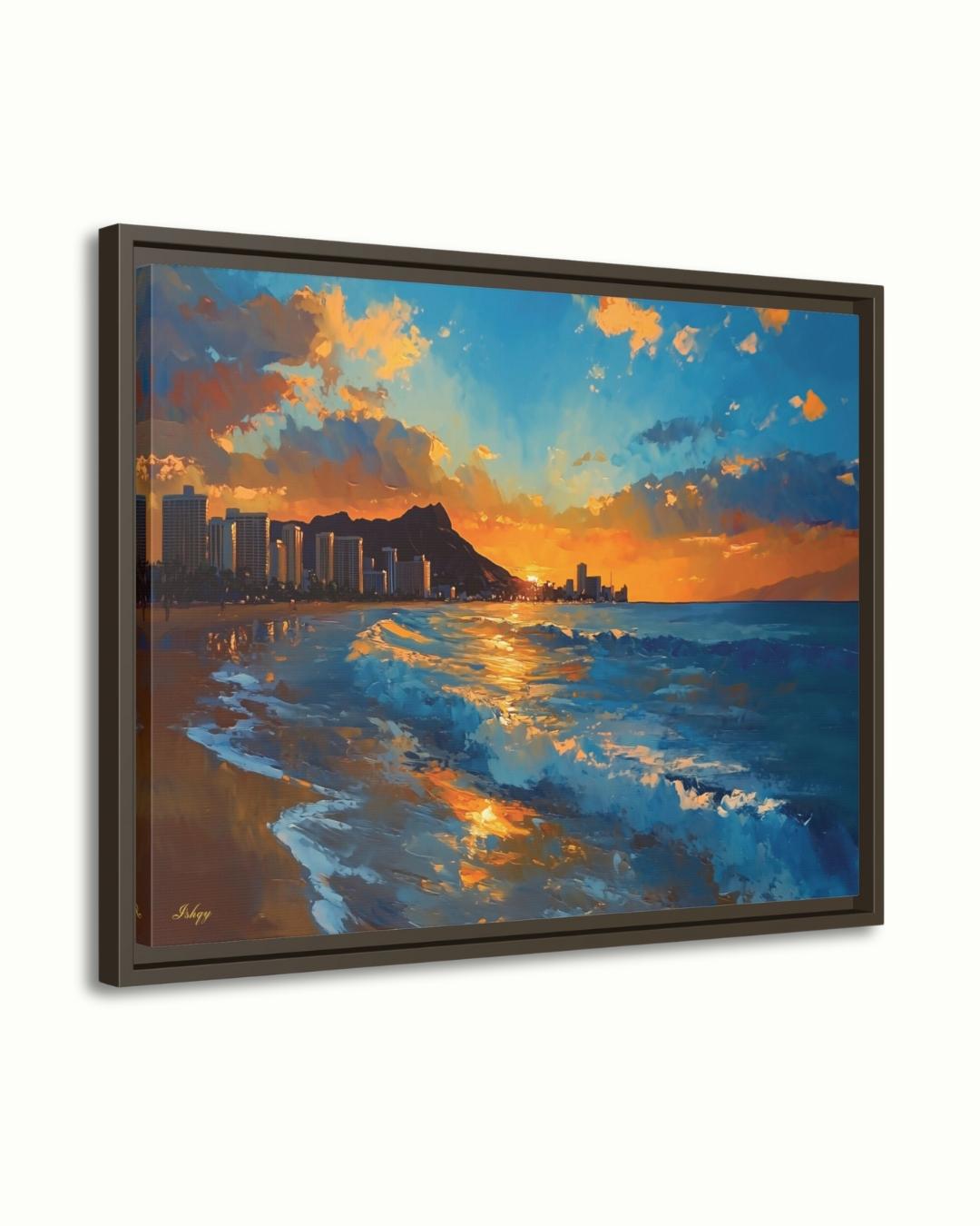 Waikiki Beach Sunset Painting, Hawaii Wall Art, Ocean Wave Canvas, Honolulu Skyline Seascape, Coastal Travel Home Decor Print
