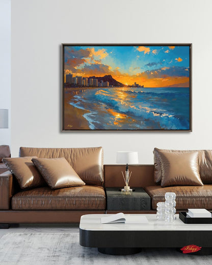 Waikiki Beach Sunset Painting, Hawaii Wall Art, Ocean Wave Canvas, Honolulu Skyline Seascape, Coastal Travel Home Decor Print