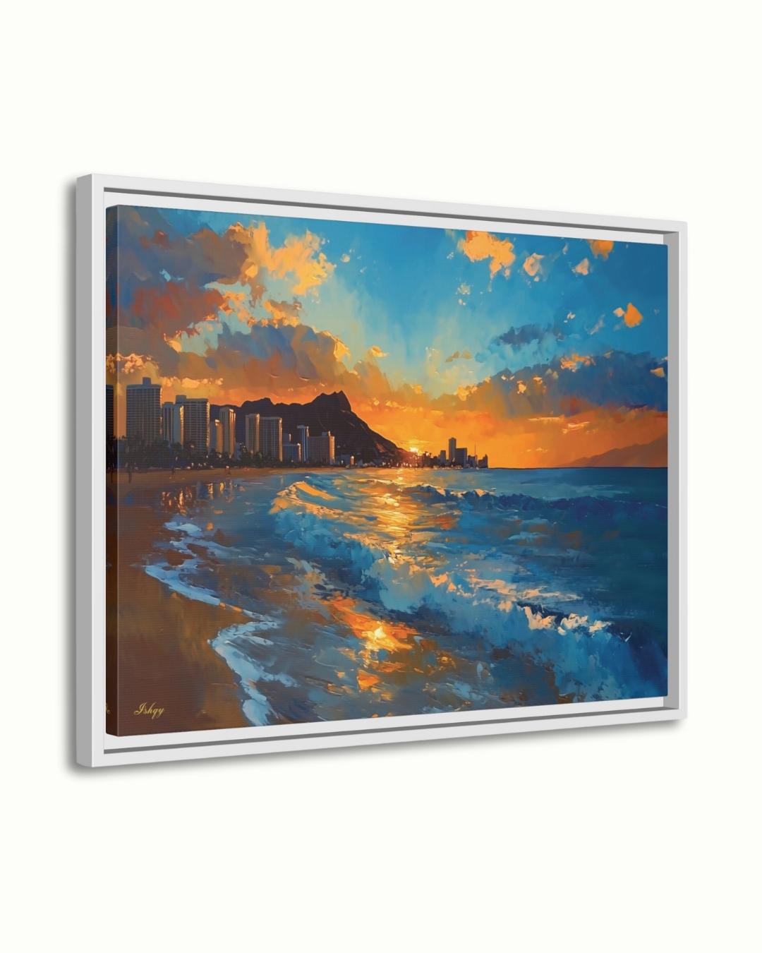 Waikiki Beach Sunset Painting, Hawaii Wall Art, Ocean Wave Canvas, Honolulu Skyline Seascape, Coastal Travel Home Decor Print
