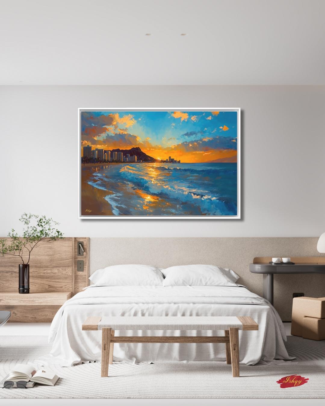 Waikiki Beach Sunset Painting, Hawaii Wall Art, Ocean Wave Canvas, Honolulu Skyline Seascape, Coastal Travel Home Decor Print