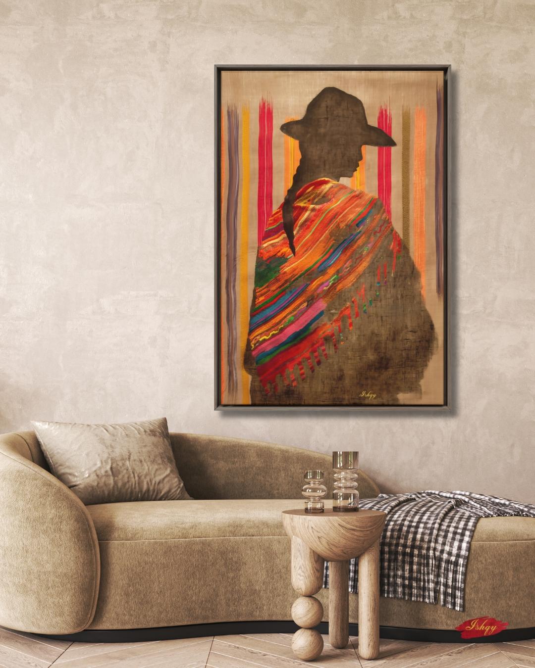 Bolivian Woman Silhouette Wall Art Print, Canvas, Framed Canvas, Indigenous Textile Poncho, Andean Boho Home Decor for Living Room Bedroom