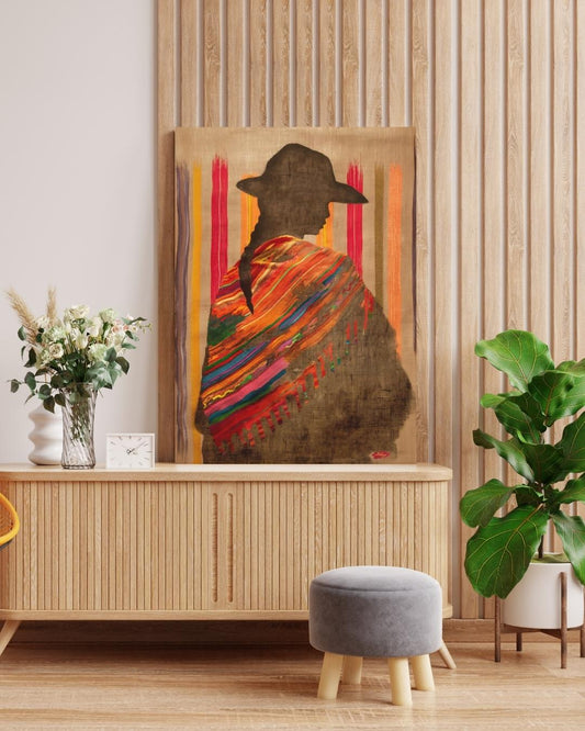 Bolivian Woman Canvas Wall Art, Andean Textile Art Print, Framed Silhouette Wall Decor, Cultural Canvas for Living Room or Gift Idea