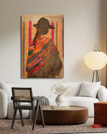 Bolivian Woman Silhouette Wall Art Print, Canvas, Framed Canvas, Indigenous Textile Poncho, Andean Boho Home Decor for Living Room Bedroom