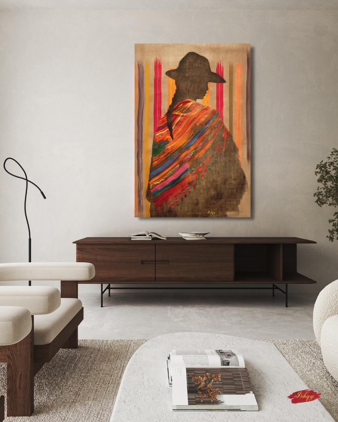Bolivian Woman Silhouette Wall Art Print, Canvas, Framed Canvas, Indigenous Textile Poncho, Andean Boho Home Decor for Living Room Bedroom