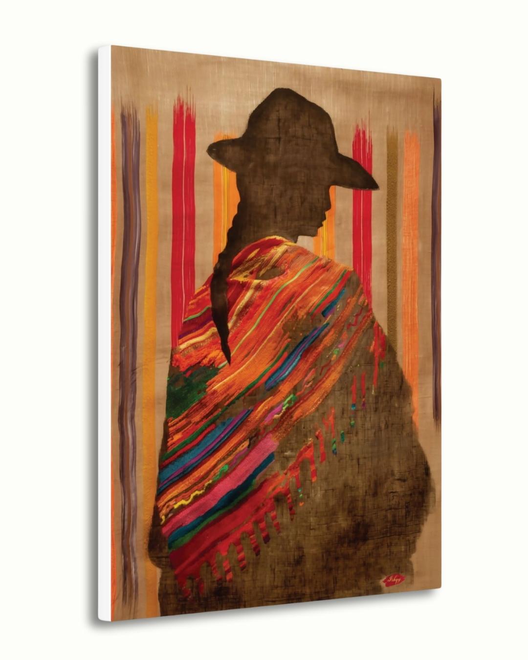 Bolivian Woman Silhouette Wall Art Print, Canvas, Framed Canvas, Indigenous Textile Poncho, Andean Boho Home Decor for Living Room Bedroom