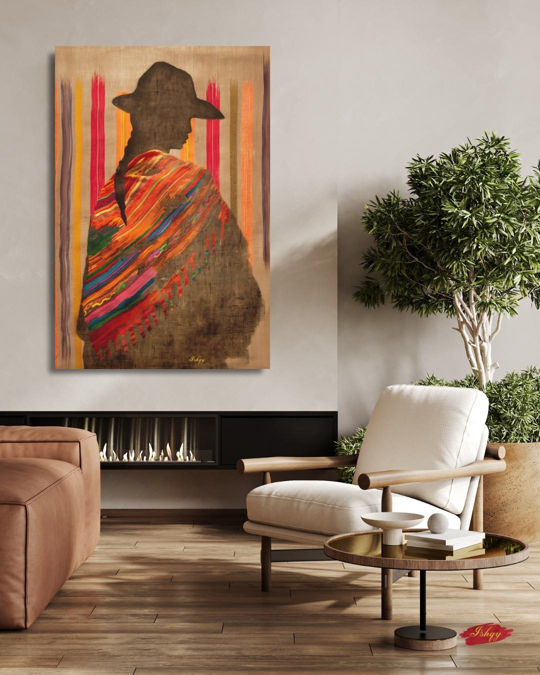 Bolivian Woman Silhouette Wall Art Print, Canvas, Framed Canvas, Indigenous Textile Poncho, Andean Boho Home Decor for Living Room Bedroom