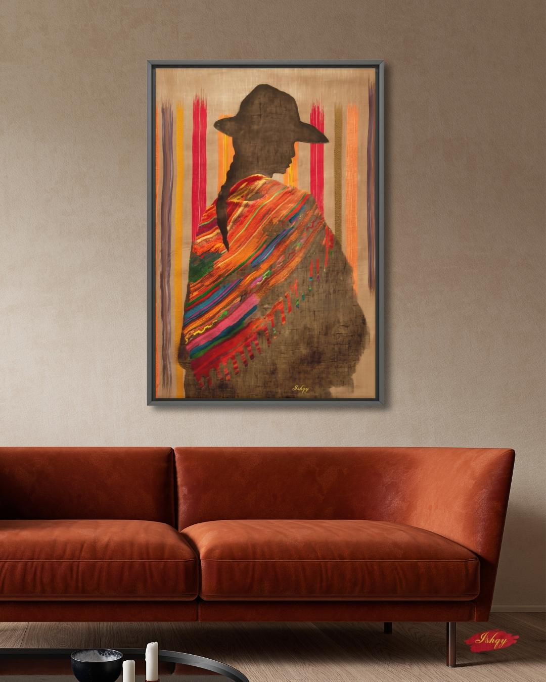 Bolivian Woman Silhouette Wall Art Print, Canvas, Framed Canvas, Indigenous Textile Poncho, Andean Boho Home Decor for Living Room Bedroom