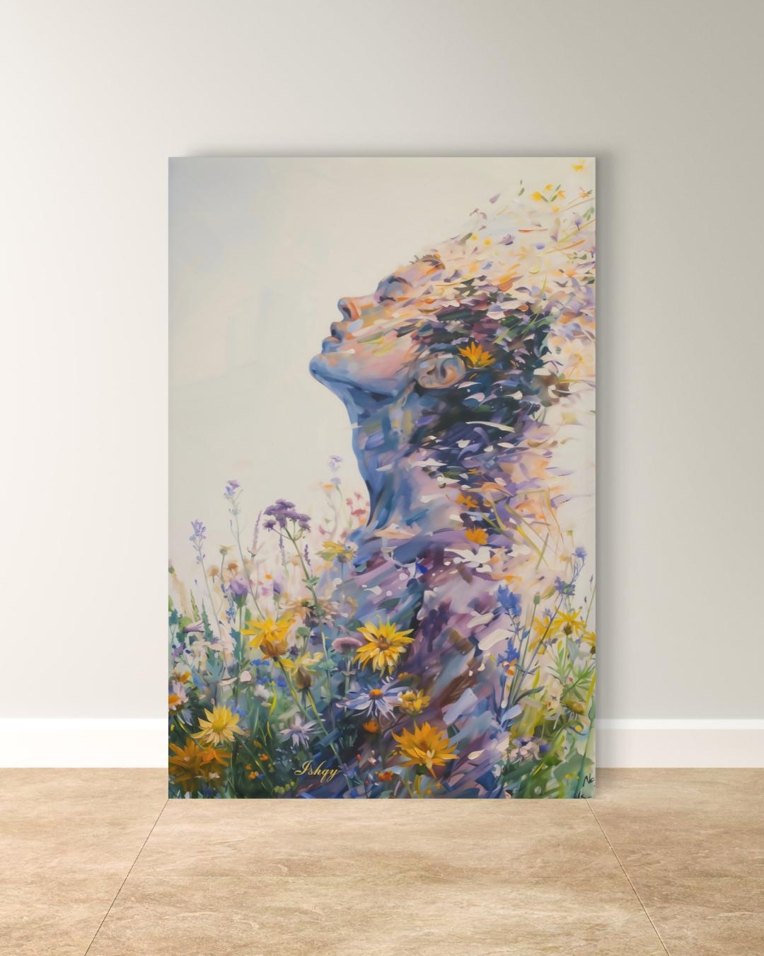 Abstract Wildflower Woman Silhouette Wall Art Print Canvas Framed Canvas, Floral Portrait Modern Boho Bedroom Living Room Decor