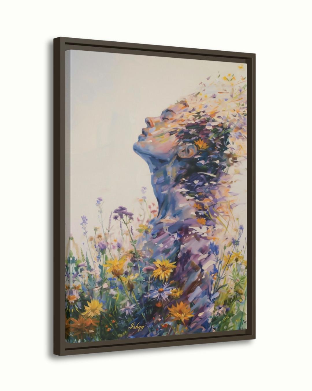 Abstract Wildflower Woman Silhouette Wall Art Print Canvas Framed Canvas, Floral Portrait Modern Boho Bedroom Living Room Decor