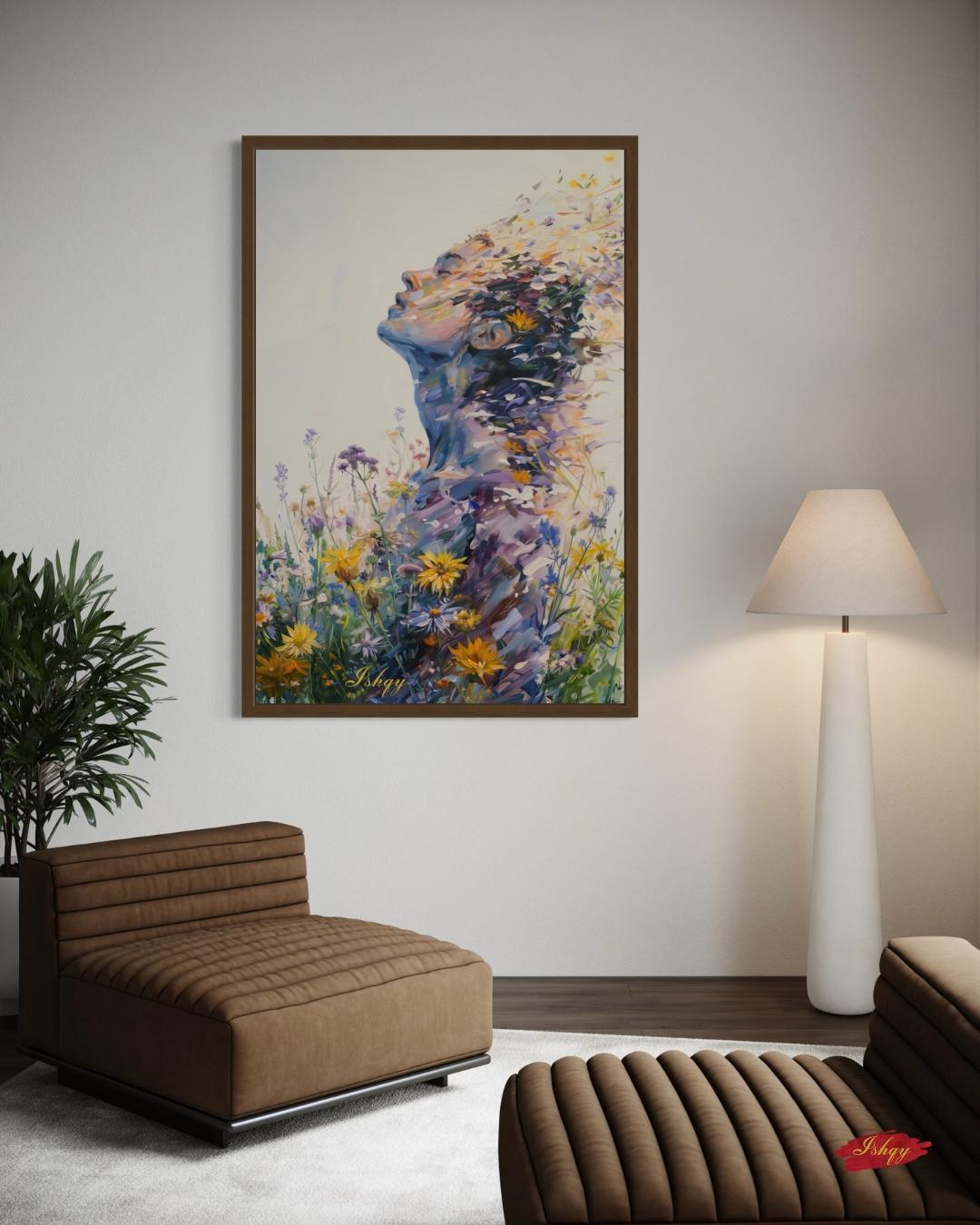 Abstract Wildflower Woman Silhouette Wall Art Print Canvas Framed Canvas, Floral Portrait Modern Boho Bedroom Living Room Decor
