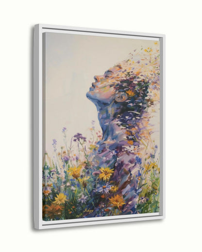 Abstract Wildflower Woman Silhouette Wall Art Print Canvas Framed Canvas, Floral Portrait Modern Boho Bedroom Living Room Decor