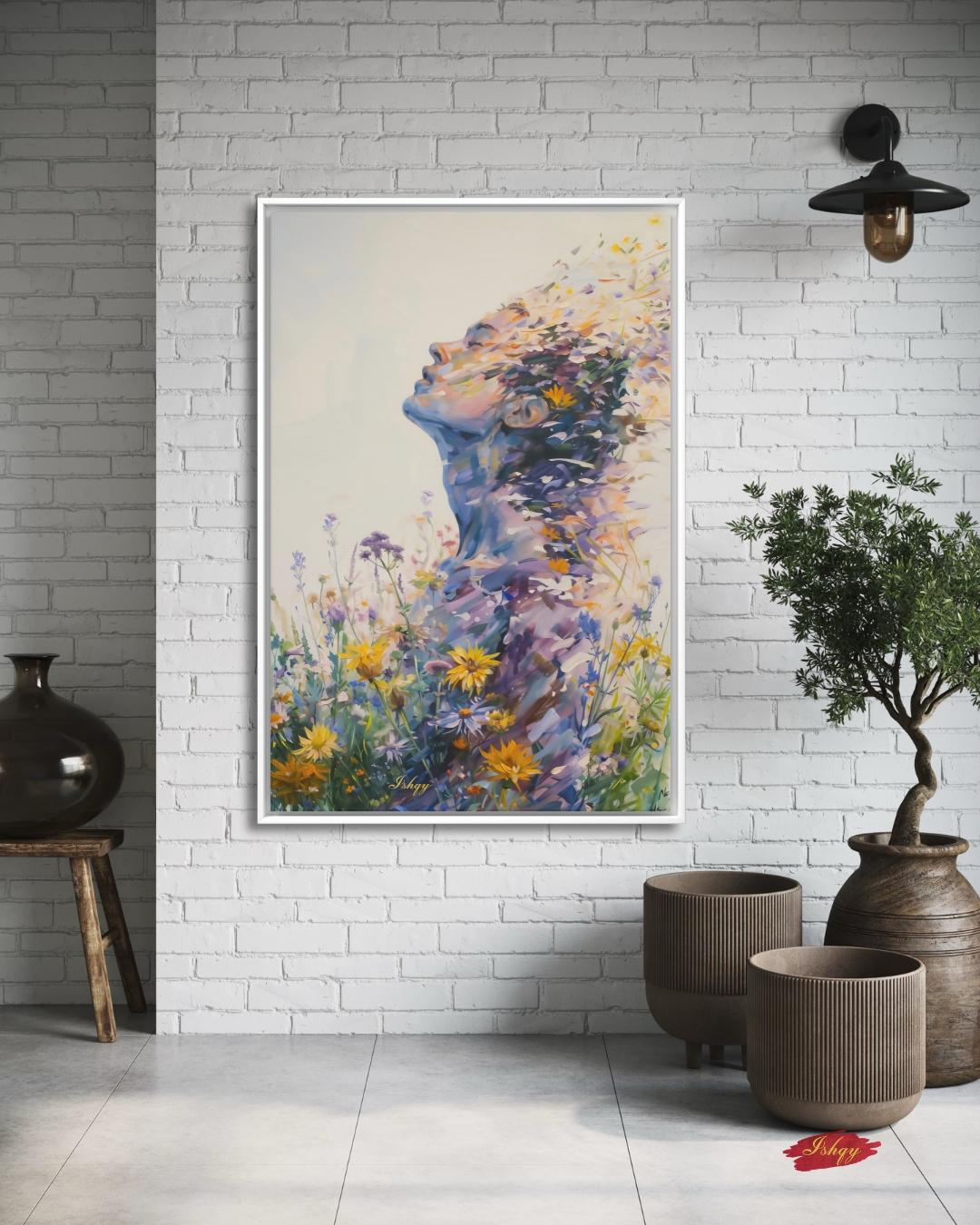 Abstract Wildflower Woman Silhouette Wall Art Print Canvas Framed Canvas, Floral Portrait Modern Boho Bedroom Living Room Decor