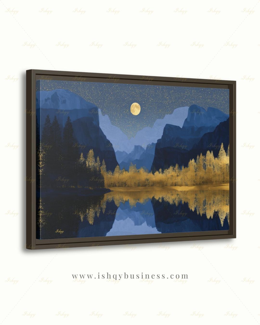 Yosemite National Park Canvas Wall Art, Navy Gold Moon Mountain Framed Canvas Print, Modern Nature Landscape Painting, Living Room Decor