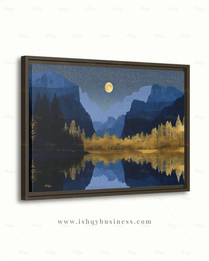Yosemite National Park Canvas Wall Art, Navy Gold Moon Mountain Framed Canvas Print, Modern Nature Landscape Painting, Living Room Decor
