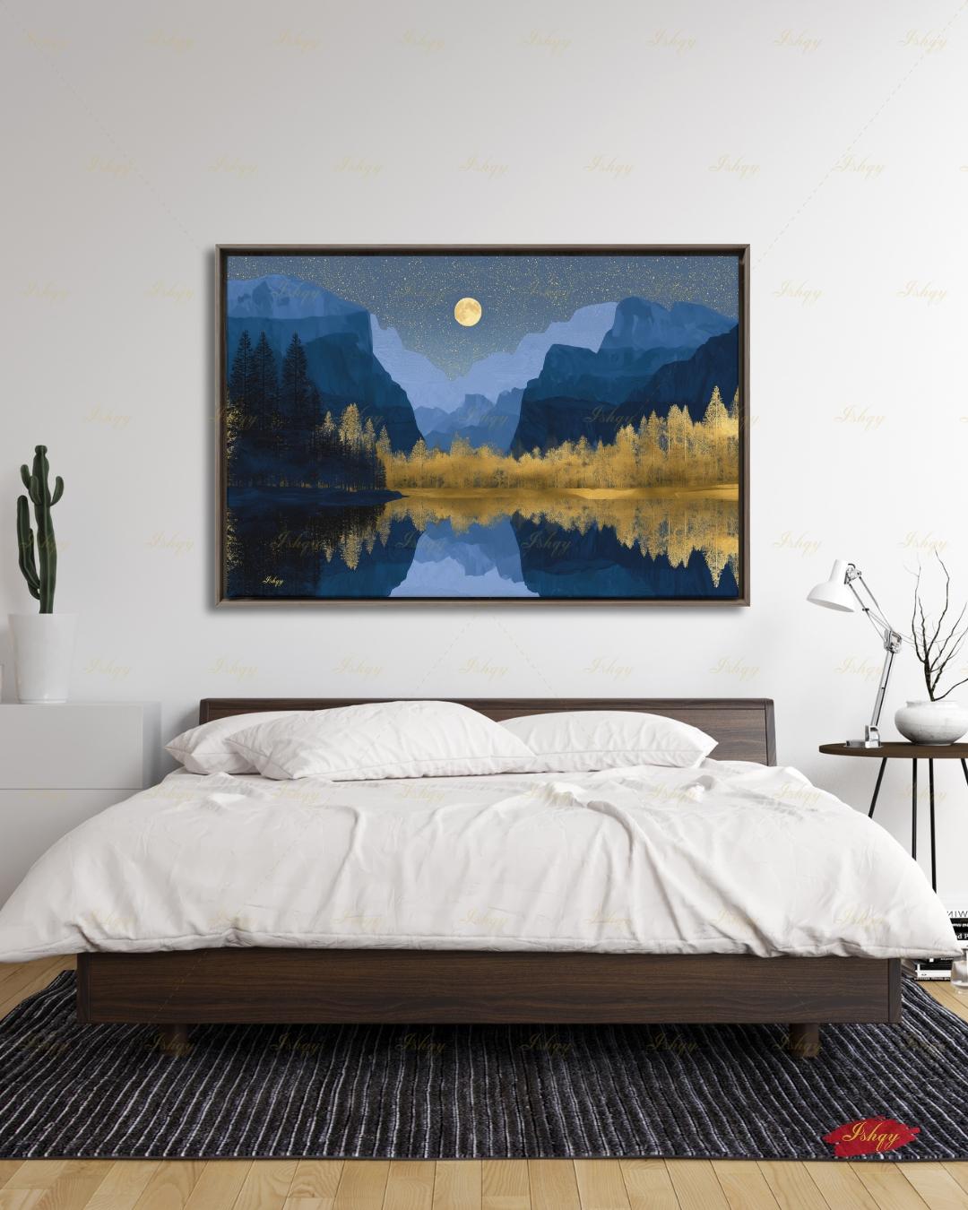 Yosemite National Park Canvas Wall Art, Navy Gold Moon Mountain Framed Canvas Print, Modern Nature Landscape Painting, Living Room Decor