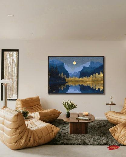 Yosemite National Park Canvas Wall Art, Navy Gold Moon Mountain Framed Canvas Print, Modern Nature Landscape Painting, Living Room Decor
