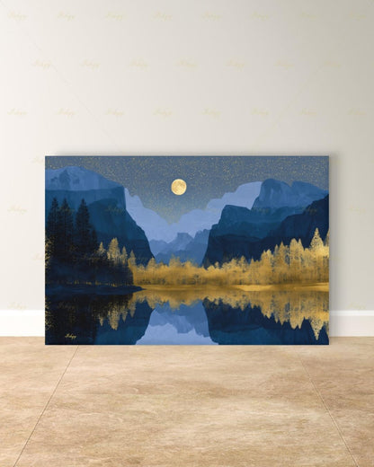 Yosemite National Park Canvas Wall Art, Navy Gold Moon Mountain Framed Canvas Print, Modern Nature Landscape Painting, Living Room Decor