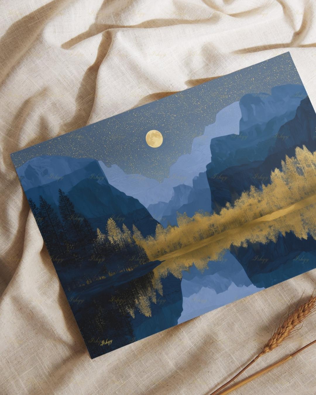 Yosemite National Park Canvas Wall Art, Navy Gold Moon Mountain Framed Canvas Print, Modern Nature Landscape Painting, Living Room Decor