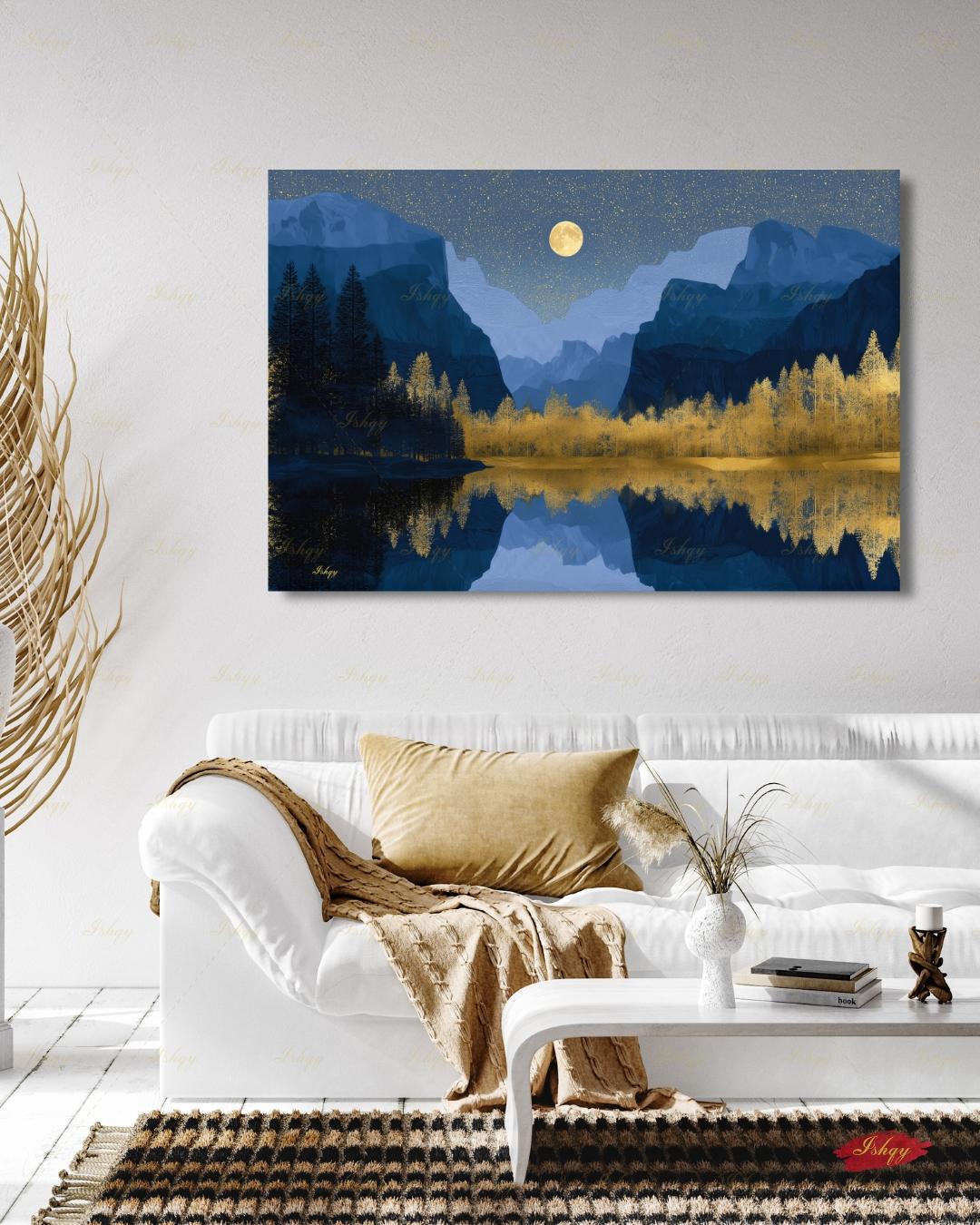 Yosemite National Park Canvas Wall Art, Navy Gold Moon Mountain Framed Canvas Print, Modern Nature Landscape Painting, Living Room Decor
