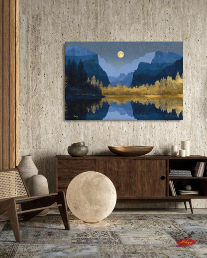 Yosemite National Park Canvas Wall Art, Navy Gold Moon Mountain Framed Canvas Print, Modern Nature Landscape Painting, Living Room Decor
