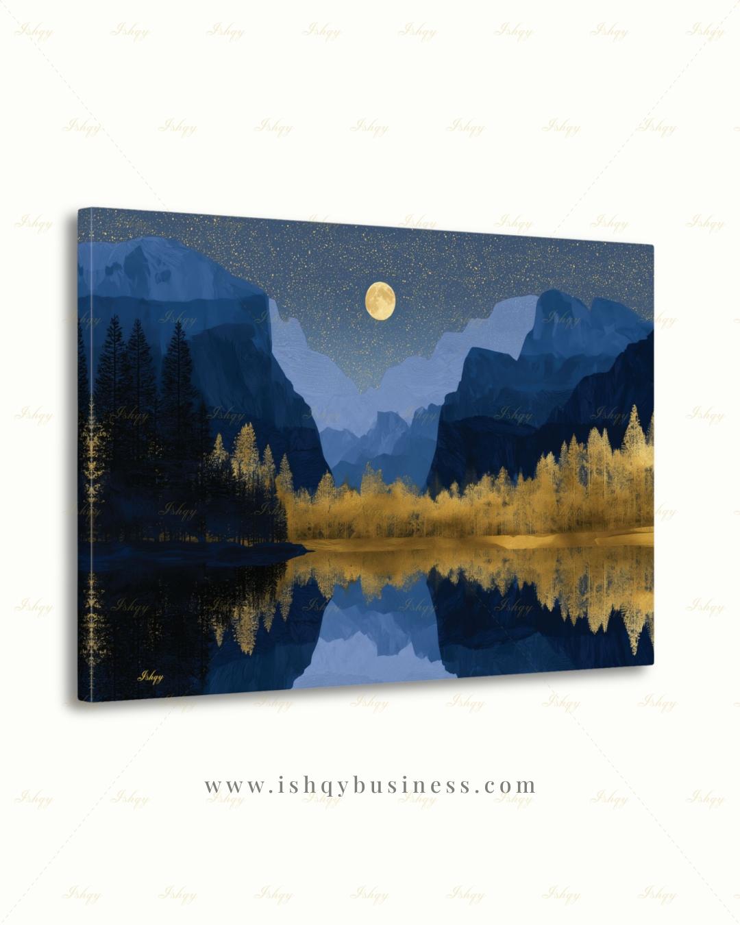 Yosemite National Park Canvas Wall Art, Navy Gold Moon Mountain Framed Canvas Print, Modern Nature Landscape Painting, Living Room Decor