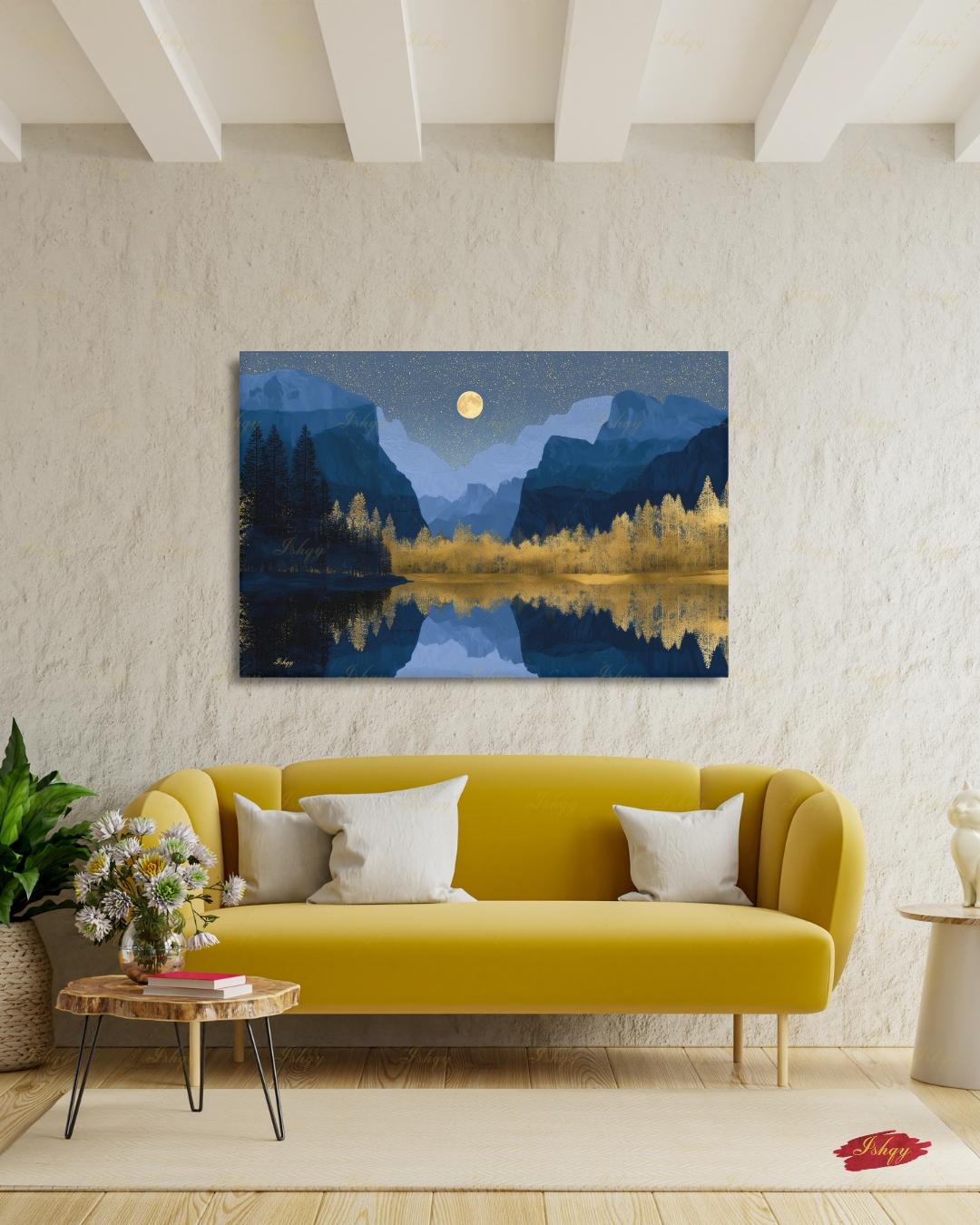 Yosemite National Park Canvas Wall Art, Navy Gold Moon Mountain Framed Canvas Print, Modern Nature Landscape Painting, Living Room Decor