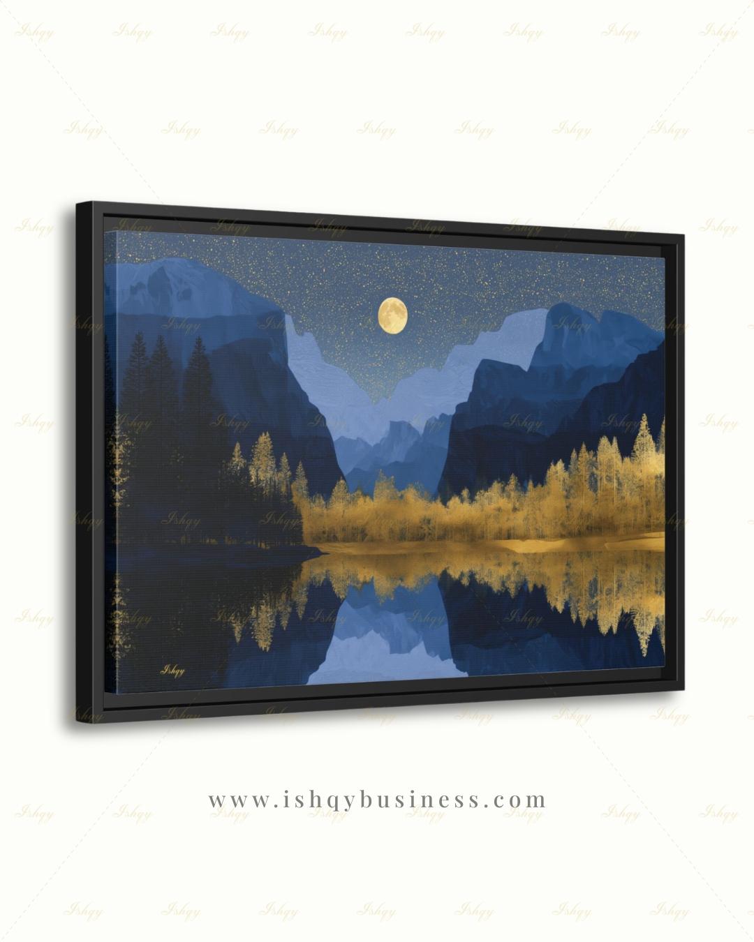 Yosemite National Park Canvas Wall Art, Navy Gold Moon Mountain Framed Canvas Print, Modern Nature Landscape Painting, Living Room Decor